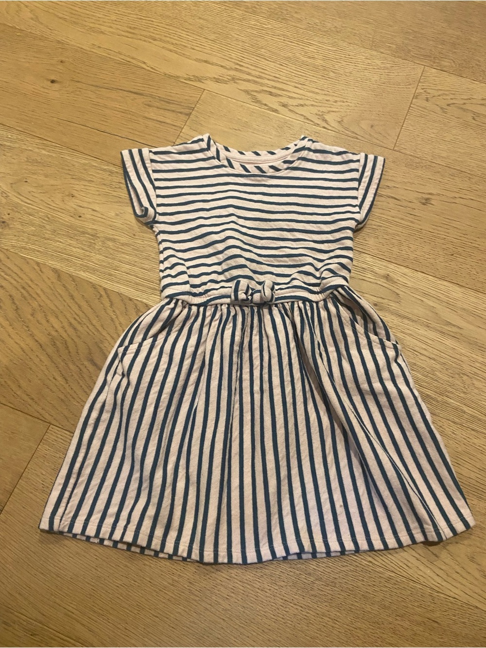 Cat & Jack Girls Light Pink and Green Striped Cotton Dress with Bow and Pockets